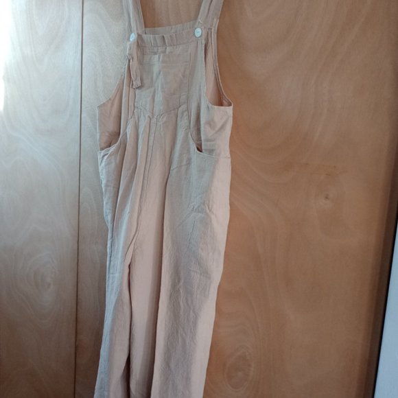 Light Tan/ Off White Linen Wide Leg Overalls - Picture 2 of 8